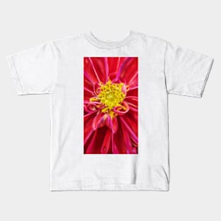 closeup macro photography of bright red dahlia bloom with pollen filled yellow center Kids T-Shirt